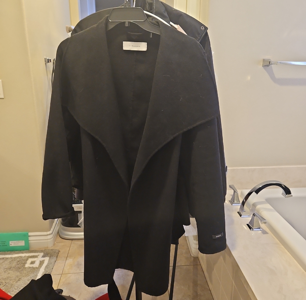 T Tahari Black Open Drape Trench Coat